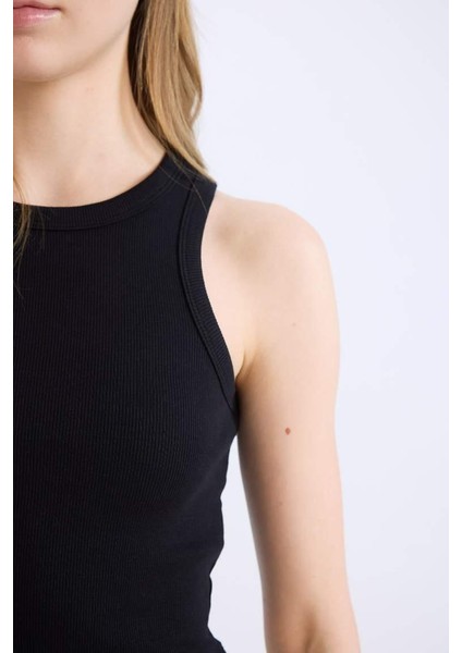 Fitted Halter Yaka Fitilli Kaşkorse Atlet Black