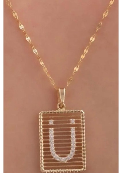 14 Ayar Altın Ü Harf Telli Taşlı Kolye