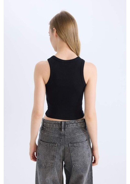 Fitted Halter Yaka Fitilli Kaşkorse Atlet Black