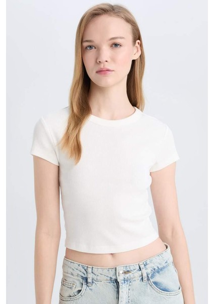 Coool Fitted Basic Düz Fitilli Kaşkorse Kısa Kollu Tişört Kırık Beyaz