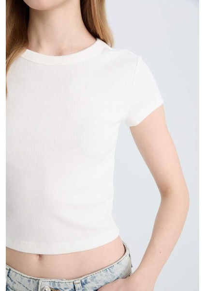 Coool Fitted Basic Düz Fitilli Kaşkorse Kısa Kollu Tişört Kırık Beyaz fırsatları