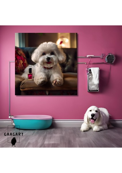 Tekli Kare Kanvas Pet Kuaför Pembe Oje Sürdüren Maltese Köpek