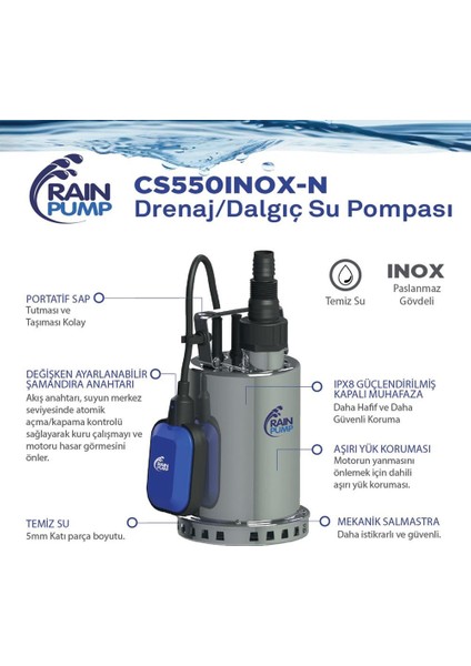 Rainpump CS550INOX-N Paslanmaz Gövdeli Drenaj Dalgıç Pompa