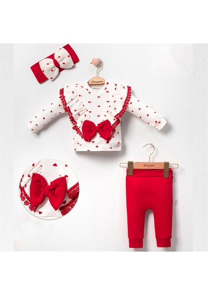 Dantelli Kalp Desenli Fiyonklu Kız Bebek Takım