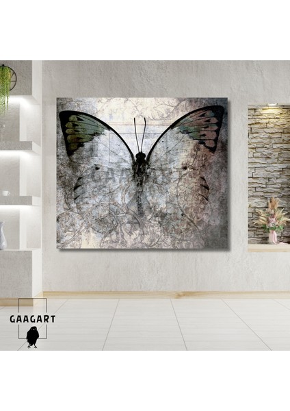 Tekli Kare Kanvas Gri Yeşil Koyu Renk Kelebek Tasarımı