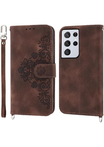 Samsung Galaxy S21 Ultra Kabartmalı Darbeye Bileklik Kartı Için Flip Case (Yurt Dışından)