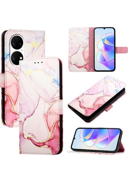 Huawei P50 Cüzdan Pu Deri Kickstand Mermer Desen (Yurt Dışından)