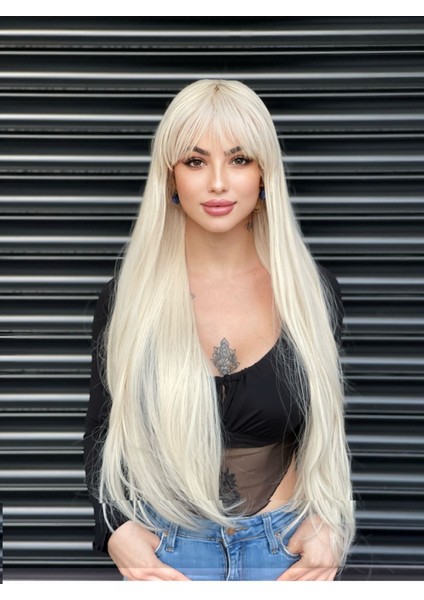 Lansman Düz Soğuk Sarı Model Peruk - 65-75 cm Fiber Sentetik Gerçek Saç Dokusunda