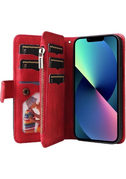 IPhone 13 Mini Fermuar Cüzdan Tarzı Dokuz Kart Yuvaları Iki Renkli (Yurt Dışından)