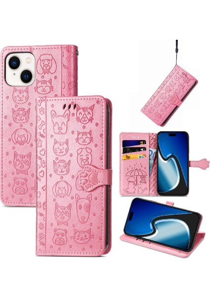 Iphone 15 Için Kılıf Artı Karikatür Hayvanlar Kısa Kayış Darbeye Deri (Yurt Dışından)