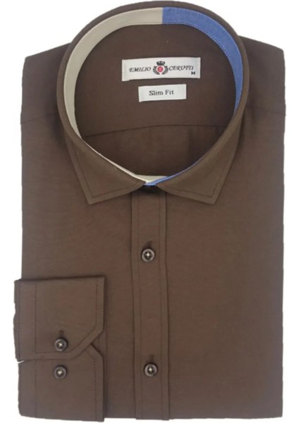 Kahverengi Slim Fit Uzun Kollu Gömlek