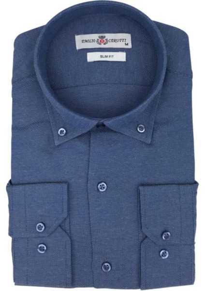 Petrol Slim Fit Uzun Kollu Erkek Gömlek