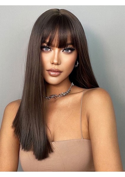 Koyu Kumral Düz Perçemli Peruk Model