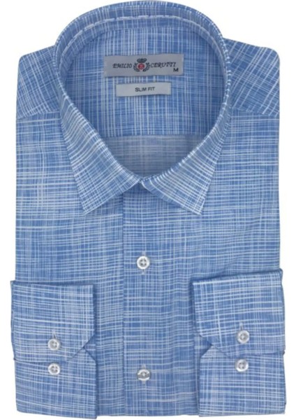 Mavi Beyaz Desenli Slim Fit Uzun Kollu Erkek Gömlek