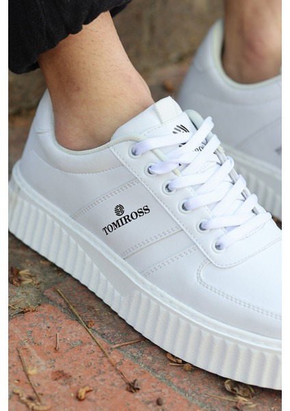 Zeno Beyaz Beyaz Garantili Dikişli Kalın Taban Bağcıklı Erkek Ortopedik Günlük Sneaker Spor Ayakkabı ZENO-7937