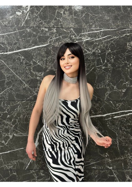 Perçemli Siyah Gri Düz 70-75 cm Peruk Model