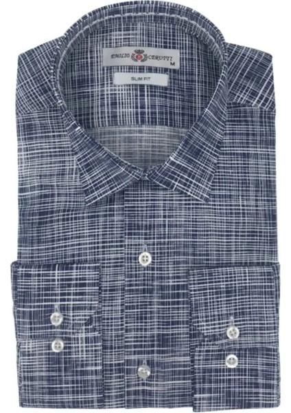 Lacivert Beyaz Desenli Slim Fit Uzun Kollu Erkek Gömlek