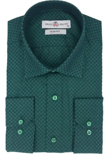 Yeşil Desenli Slim Fit Uzun Kollu Erkek Gömlek