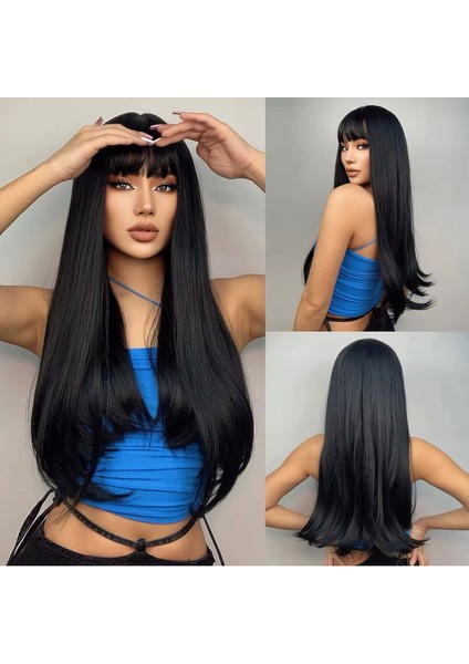 Siyah Perçemli Düz Vip Peruk- Gerçek Saç Dokusunda