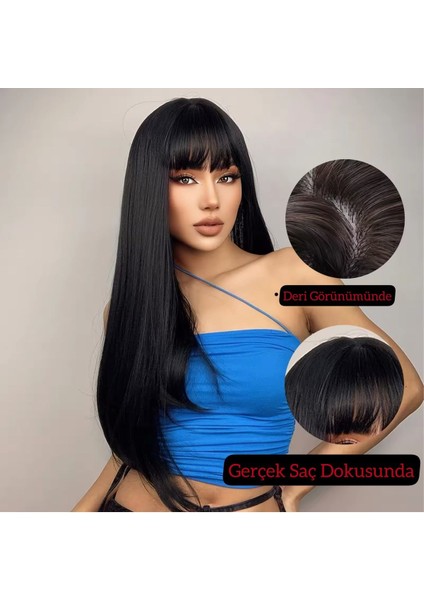 Siyah Perçemli Düz Vip Peruk- Gerçek Saç Dokusunda fiyatları