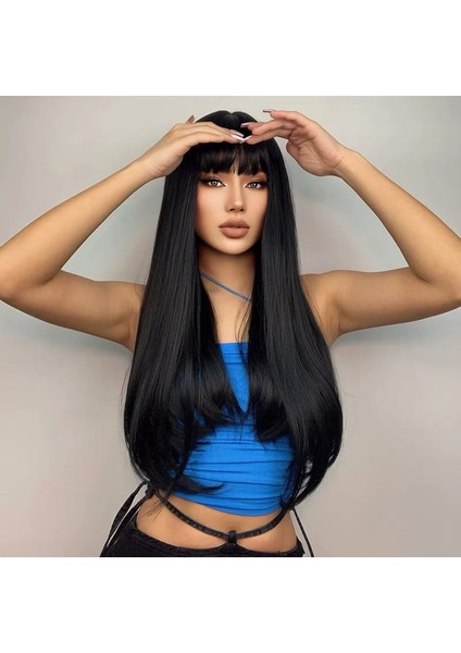Siyah Perçemli Düz Vip Peruk- Gerçek Saç Dokusunda modelleri