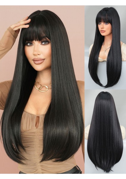 Siyah Düz Perçemli Uzun Peruk 75-80 cm