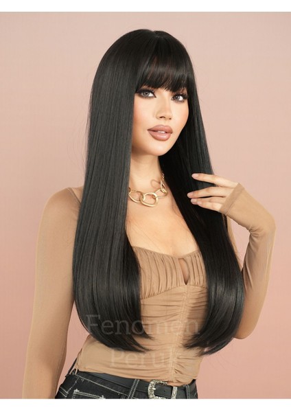 Siyah Düz Perçemli Uzun Peruk 75-80 cm modelleri