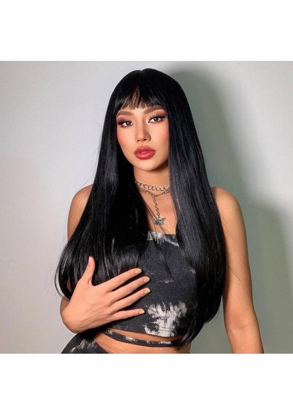 Siyah Perçemli Düz Peruk Model