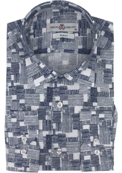 Lacivert Beyaz Desenli Slim Fit Uzun Kollu Erkek Gömlek