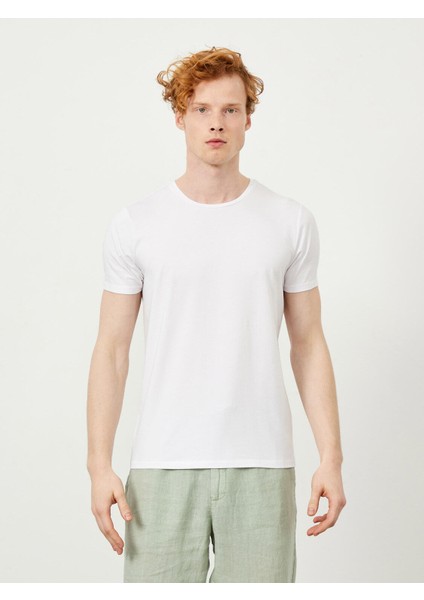 Erkek Beyaz Slim Fit Pamuklu Basic Tişört