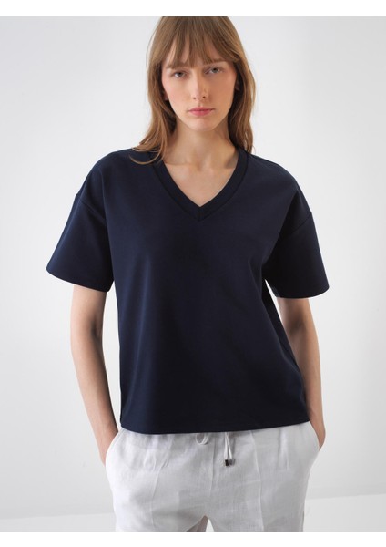 Kadın Lacivert Oversize Pamuklu Basic Tişört