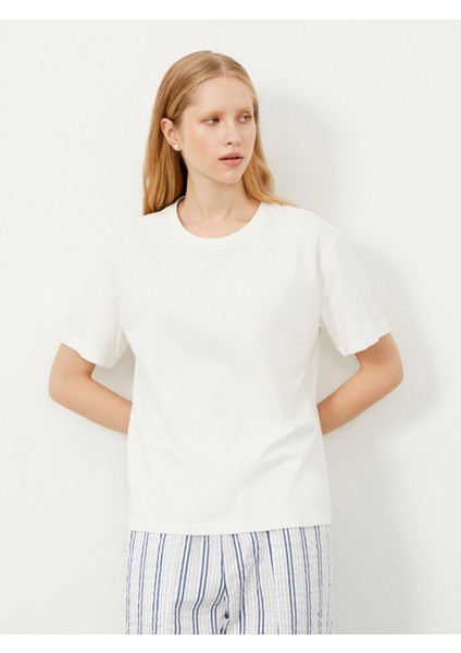 Kadın Ekru Oversize Pamuklu Basic Tişört