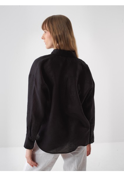 Kadın Siyah Oversize Keten Gömlek fırsatları