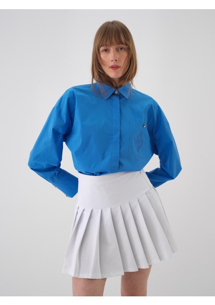 Kadın Mavi Oversize Pamuklu Gömlek