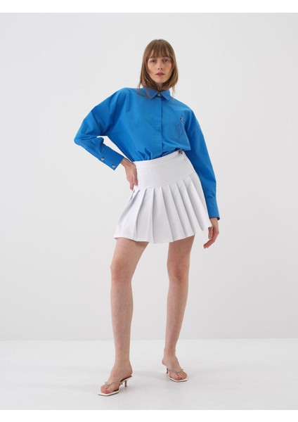 Kadın Mavi Oversize Pamuklu Gömlek