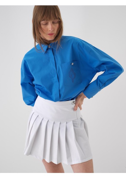 Kadın Mavi Oversize Pamuklu Gömlek