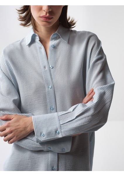 Kadın Mavi Oversize Liyosel Gömlek modelleri