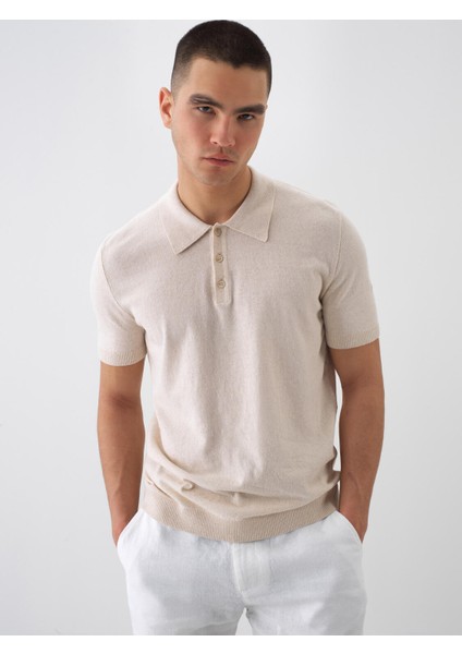 Erkek Naturel Oversize Keten Polo Yaka Kazak