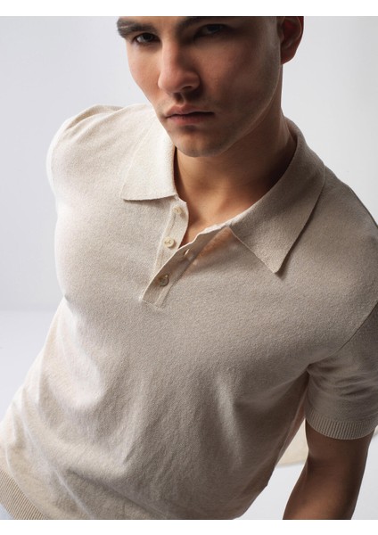 Erkek Naturel Oversize Keten Polo Yaka Kazak modelleri