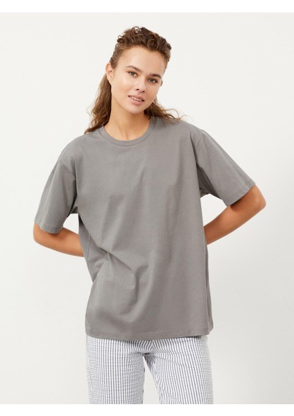 Kadın Gri Big Oversize Pamuklu Basic Tişört