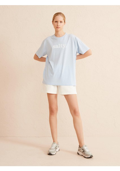 Kadın Mavi Big Oversize Pamuklu Tişört
