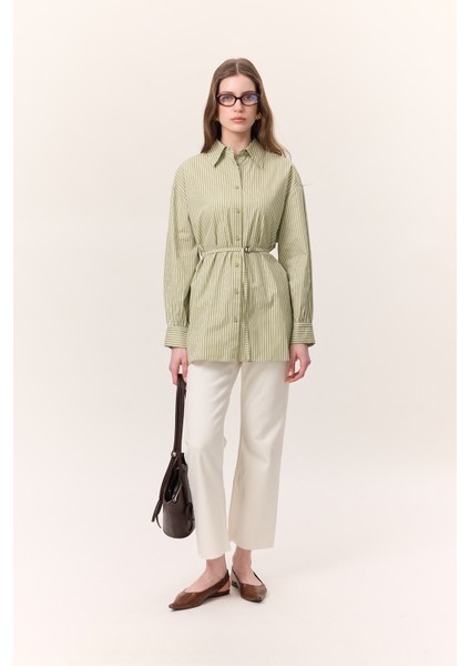 Çizgili Kemerli Gömlek Camel fiyatları