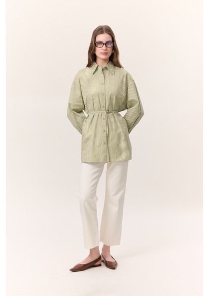 Çizgili Kemerli Gömlek Camel modelleri