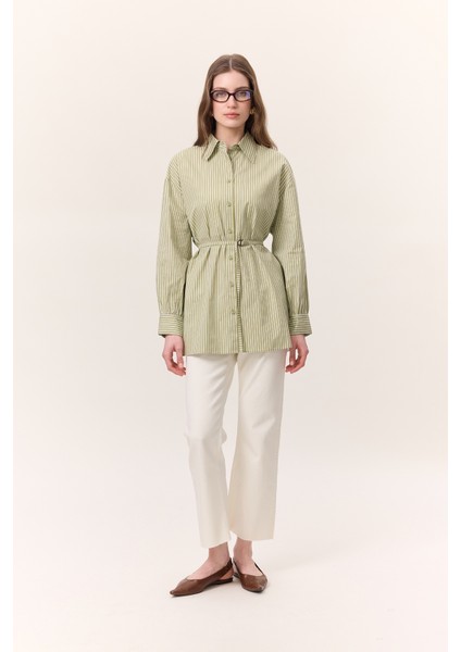 Çizgili Kemerli Gömlek Camel fırsatları