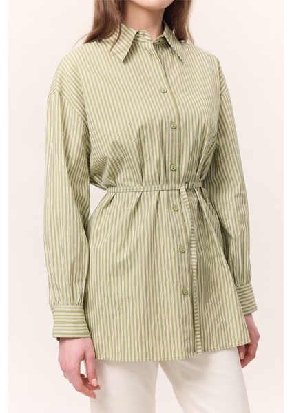 Çizgili Kemerli Gömlek Camel indirimleri