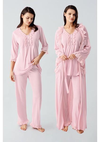 Uzun Kollu Dantelli Düğmeli Esnek Viskoz Sabahlık Pijama Takım 17304