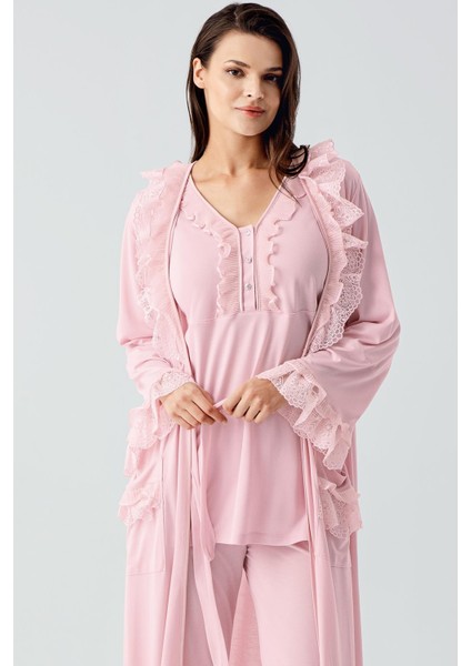 Uzun Kollu Dantelli Düğmeli Esnek Viskoz Sabahlık Pijama Takım 17304 modelleri