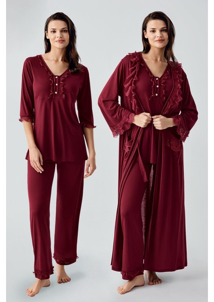 Uzun Kollu Dantelli Düğmeli Esnek Viskoz Sabahlık Pijama Takım 17304