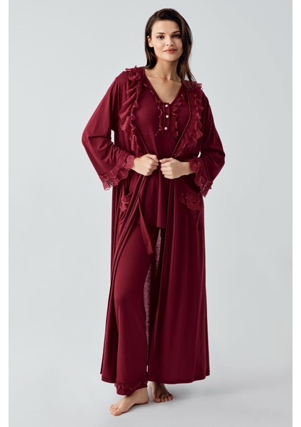 Uzun Kollu Dantelli Düğmeli Esnek Viskoz Sabahlık Pijama Takım 17304 fiyatları