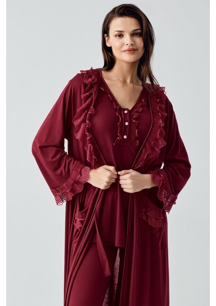 Uzun Kollu Dantelli Düğmeli Esnek Viskoz Sabahlık Pijama Takım 17304 modelleri